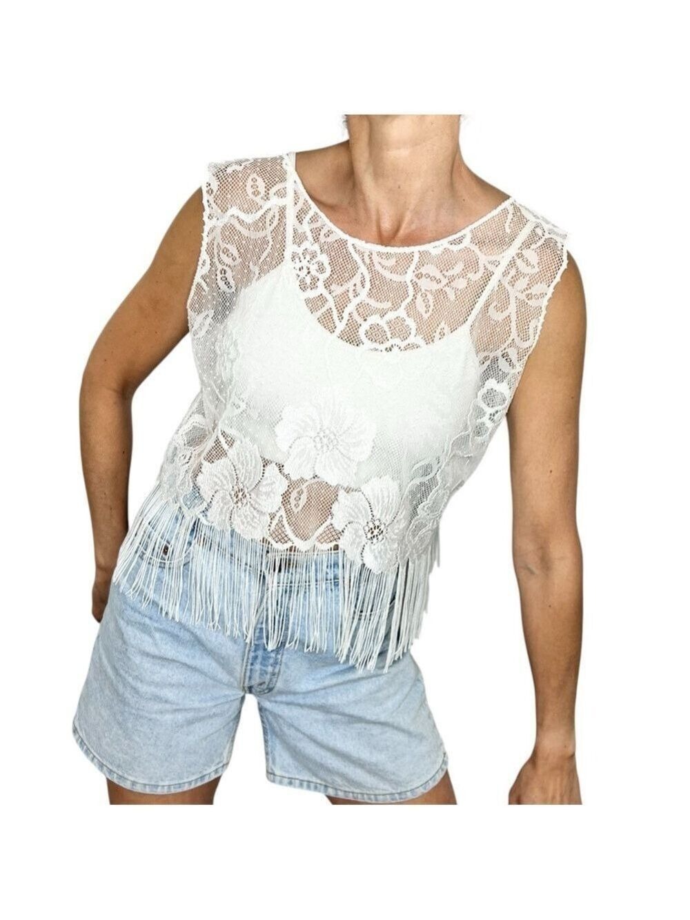Vintage 90s white sheer lace fringe boho sleeveless boxy top S/M
